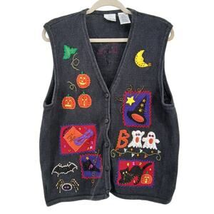 Halloween Stitched Embroidered Jeweled Novelty Button Sweater Vest Size XL Boo